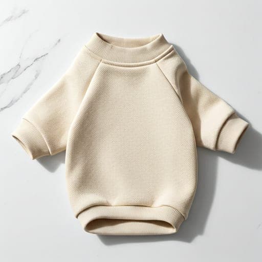 Cream heavyweight crewneck sweatshirt laid flat on white marble, printed with a Frenchie line-art emblem
