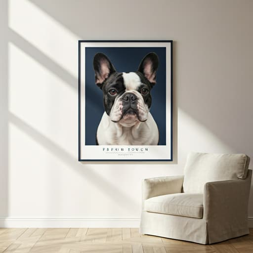 Framed line-art French Bulldog portrait hanging in a minimalist, sunlit living room