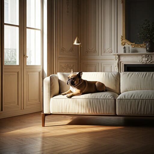 A French Bulldog resting on a cream sofa in a sunlit living room