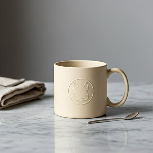 Matte cream ceramic mug with tonal French Bulldog silhouette on a marble countertop