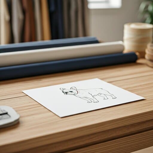 Drawing table with French Bulldog line-art sketches