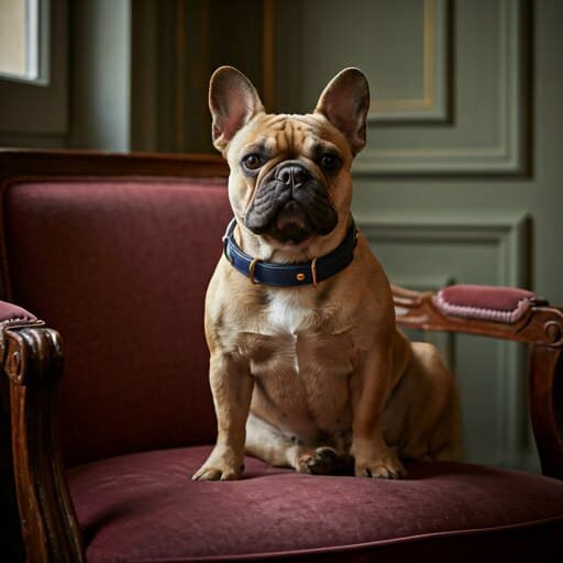 Fawn French Bulldog sitting elegantly on a plush velvet chair