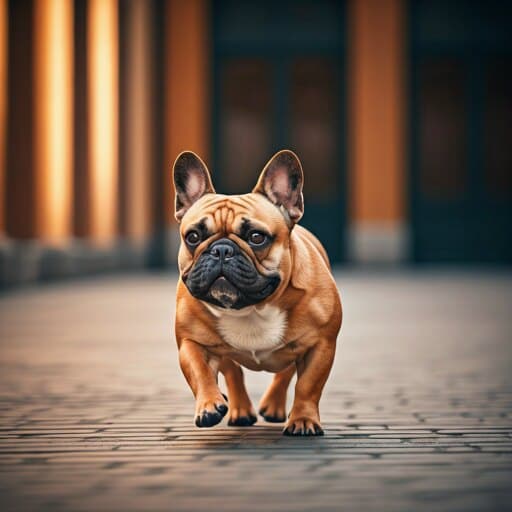 French Bulldog walking gracefully on a city sidewalk