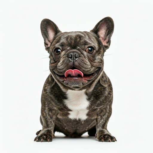 Happy French Bulldog playing with a stylish toy