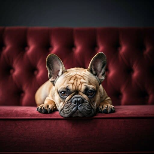 French Bulldog resting luxuriously on a velvet sofa