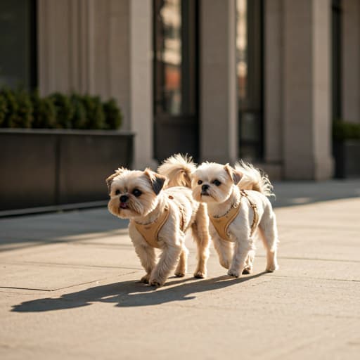 Two small dogs walking gracefully side by side on a chic city sidewalk