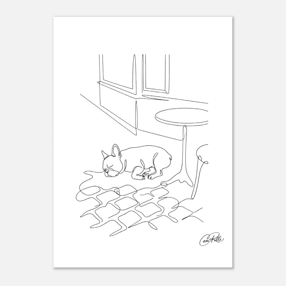 Frenchie No.4 — Café Nap Scene — French Bulldog line-art print mockup